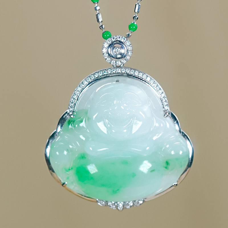 铂Pt950镶玉冰润飘天然阳绿翡翠项链A货大肚佛公单吊坠