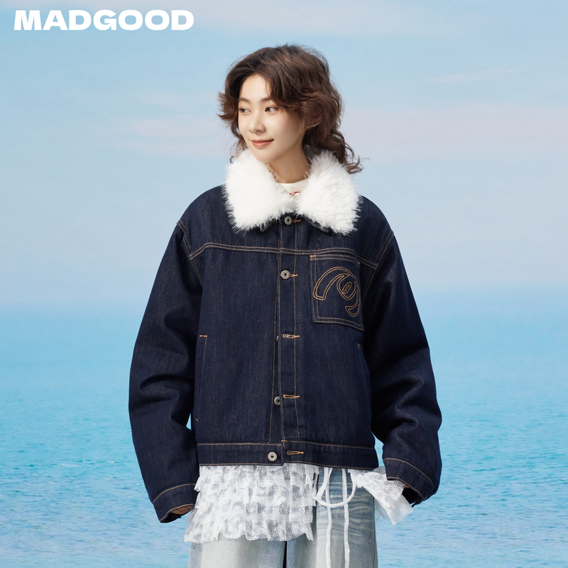 madgood马得工地日系可拆卸毛领斜纹原牛绗棉牛仔外套MDGDWT13170