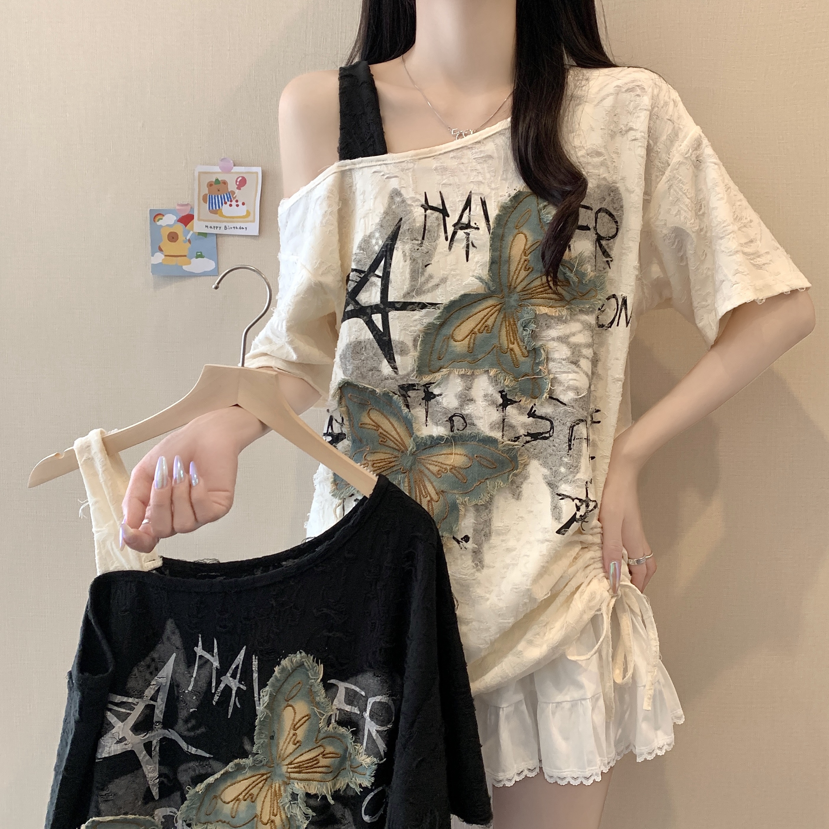 大码露肩女夏季大码女装新款露肩蝴蝶辣妹破洞抽褶短袖T恤女套装