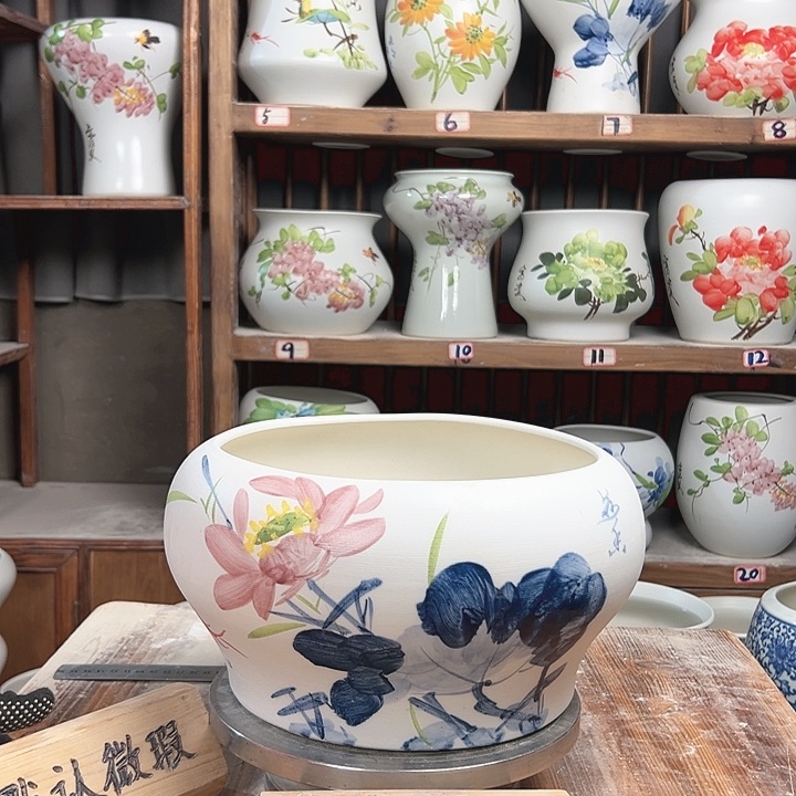 摆件口25青花荷花新款陶瓷