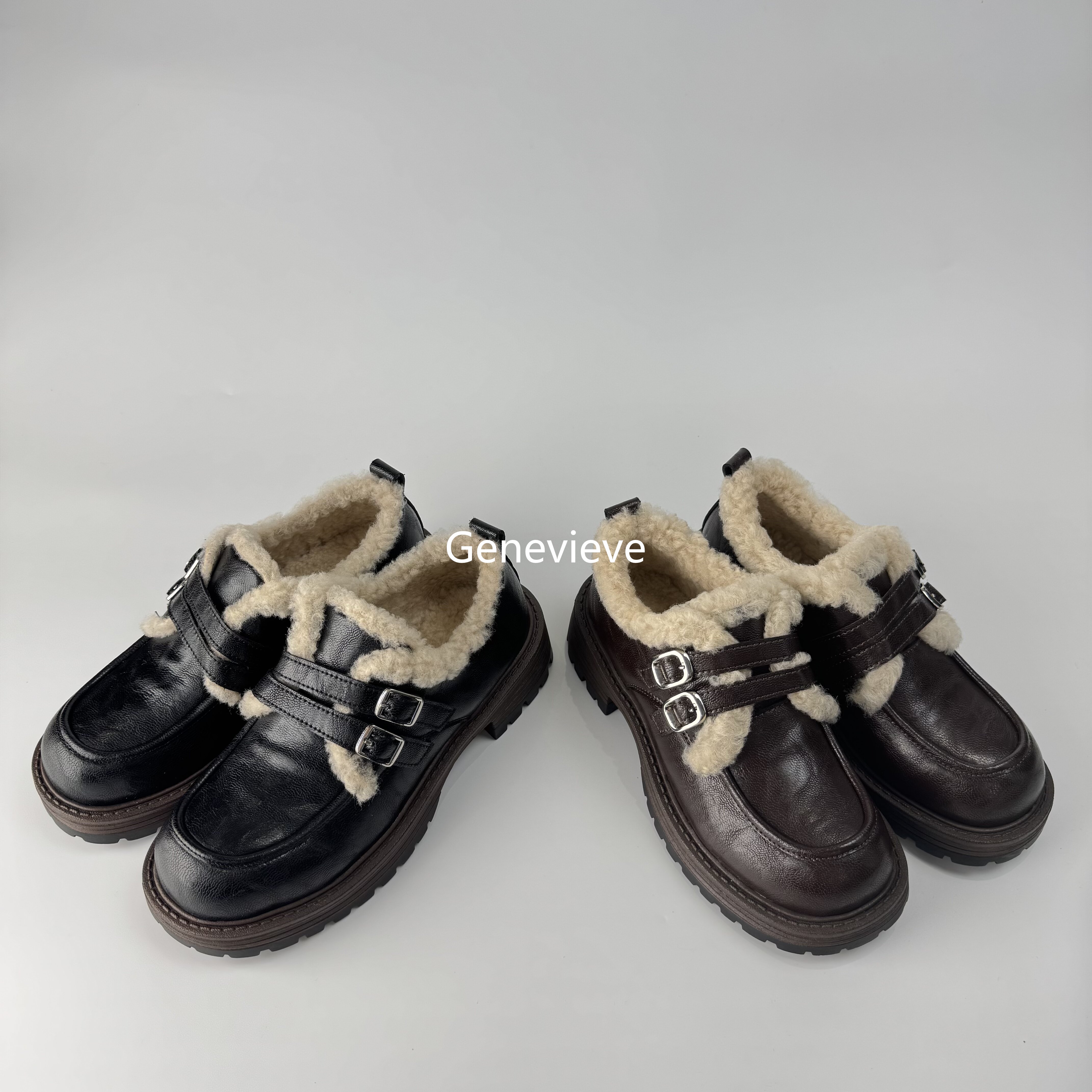 跟高4cm，真皮纯羊毛厚底乐福鞋舒适休闲百搭加绒保暖