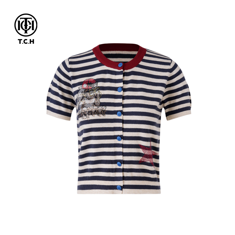 TCH现货私服烫钻工艺时尚休闲百搭针织开衫女T75A43E5043轻奢tch