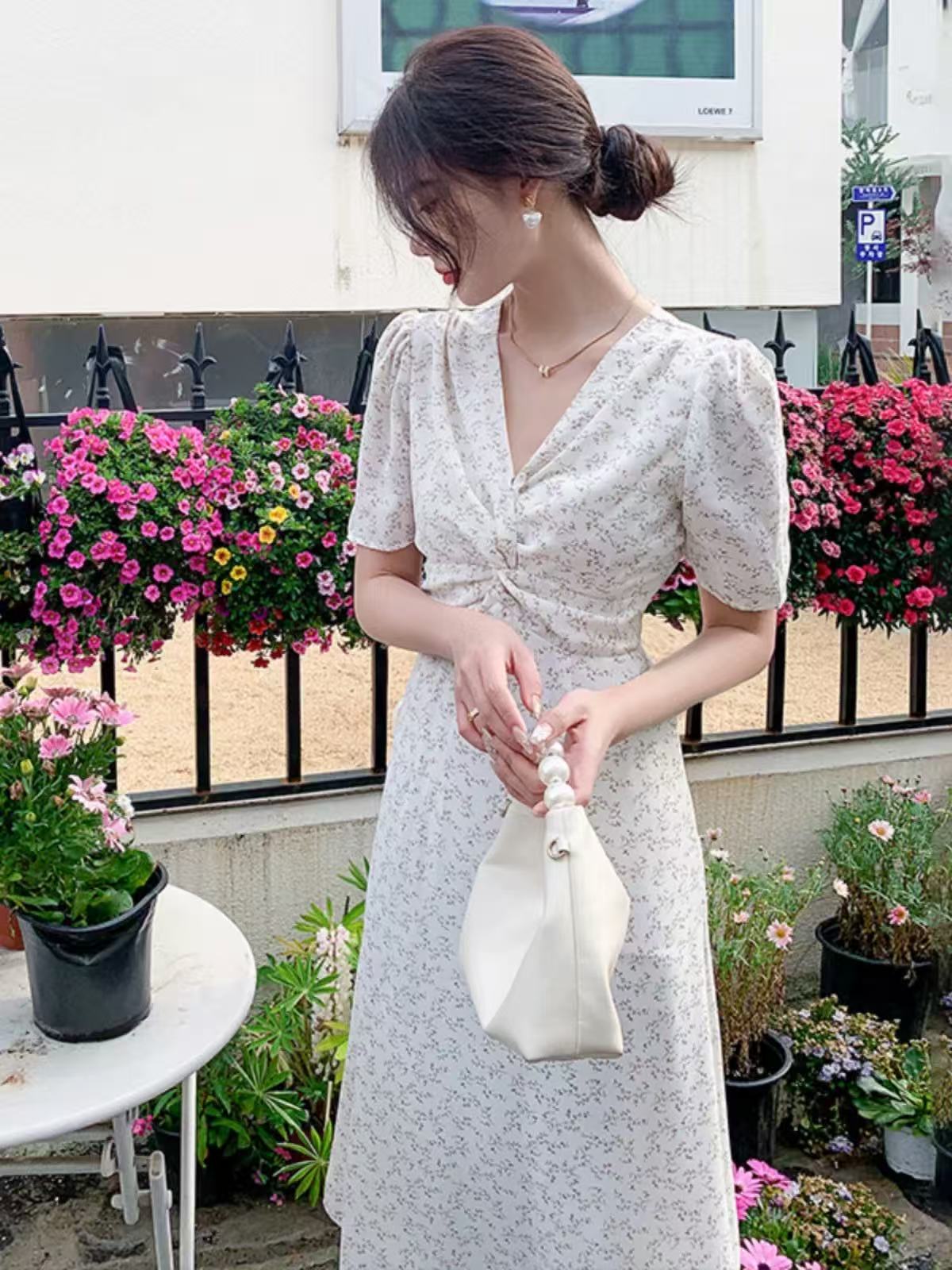 6673 夏季新款法式碎花连衣裙女a字茶歇裙修身显瘦气质长裙子