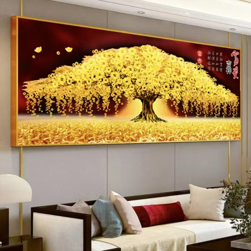 【黄金发财树】客厅沙发背景墙装饰画晶瓷镶钻挂画防磕遮挡油污防水