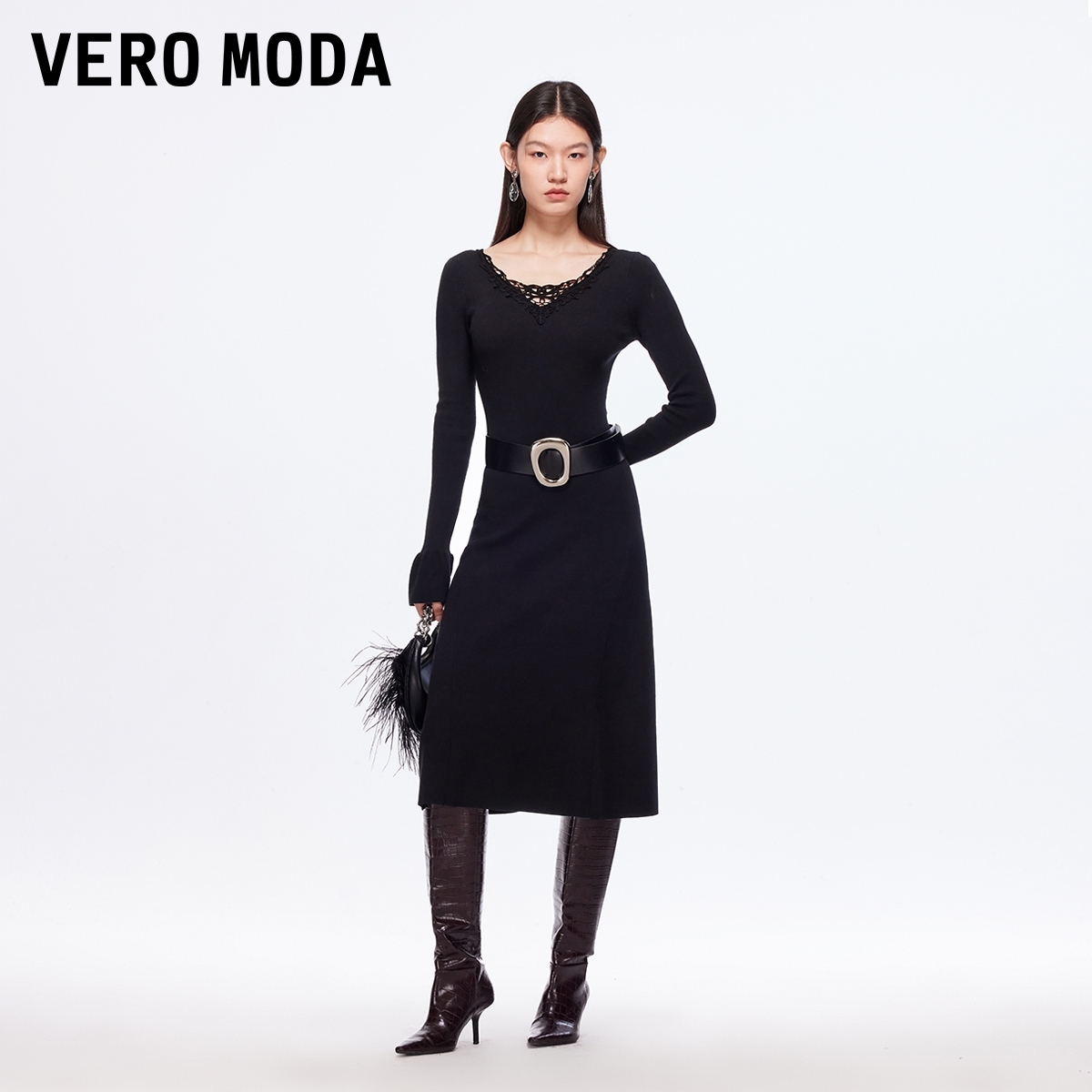 Vero Moda连衣裙25秋冬蕾丝拼接修身针织裙显瘦时尚325446015