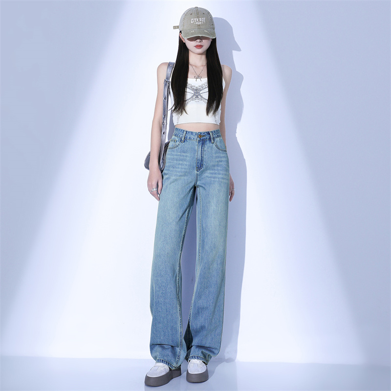 浅色窄版阔腿牛仔裤女2025春夏宽松垂感百搭拖地显瘦直筒裤