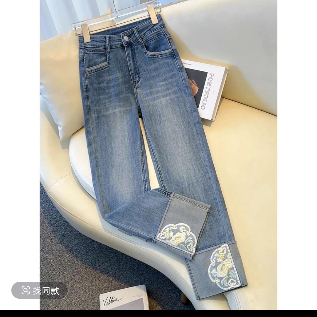 气质新中式烟管牛仔裤女春季新款九分修身百搭显瘦国风刺绣直筒裤