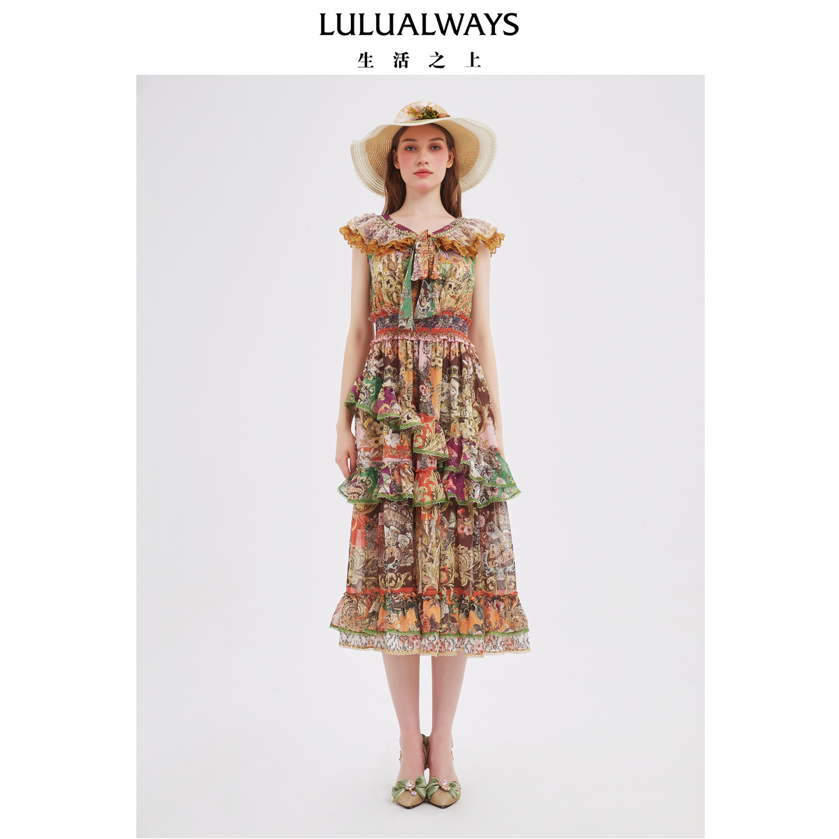 LULUALWAYS【商场同款】25夏季新款西西里艺术度假风荷叶边连衣裙