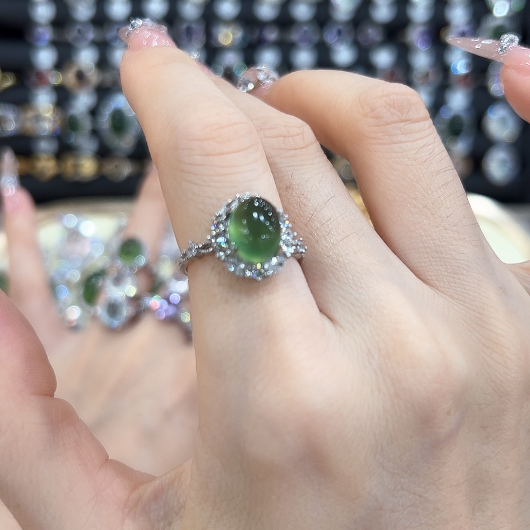 两***乐岫玉银S925镶嵌戒指繁花