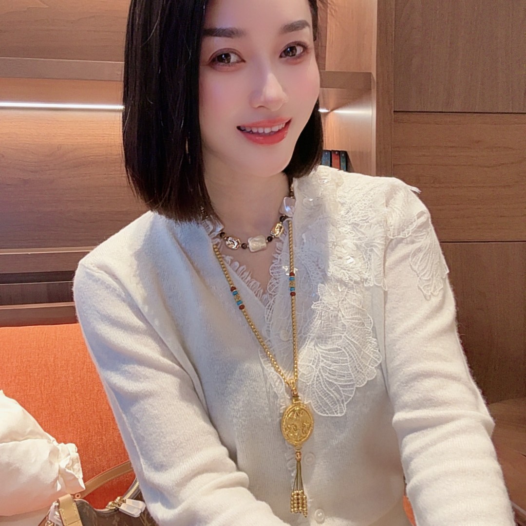 【少琴家】新款时尚V领蕾丝拼接100山羊绒开衫气质显瘦小香风