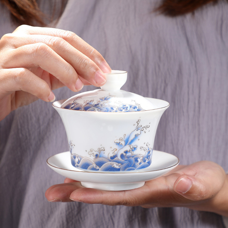 白瓷三才盖碗家用敬茶茶碗描金盖碗海浪盖碗家用功夫盖碗