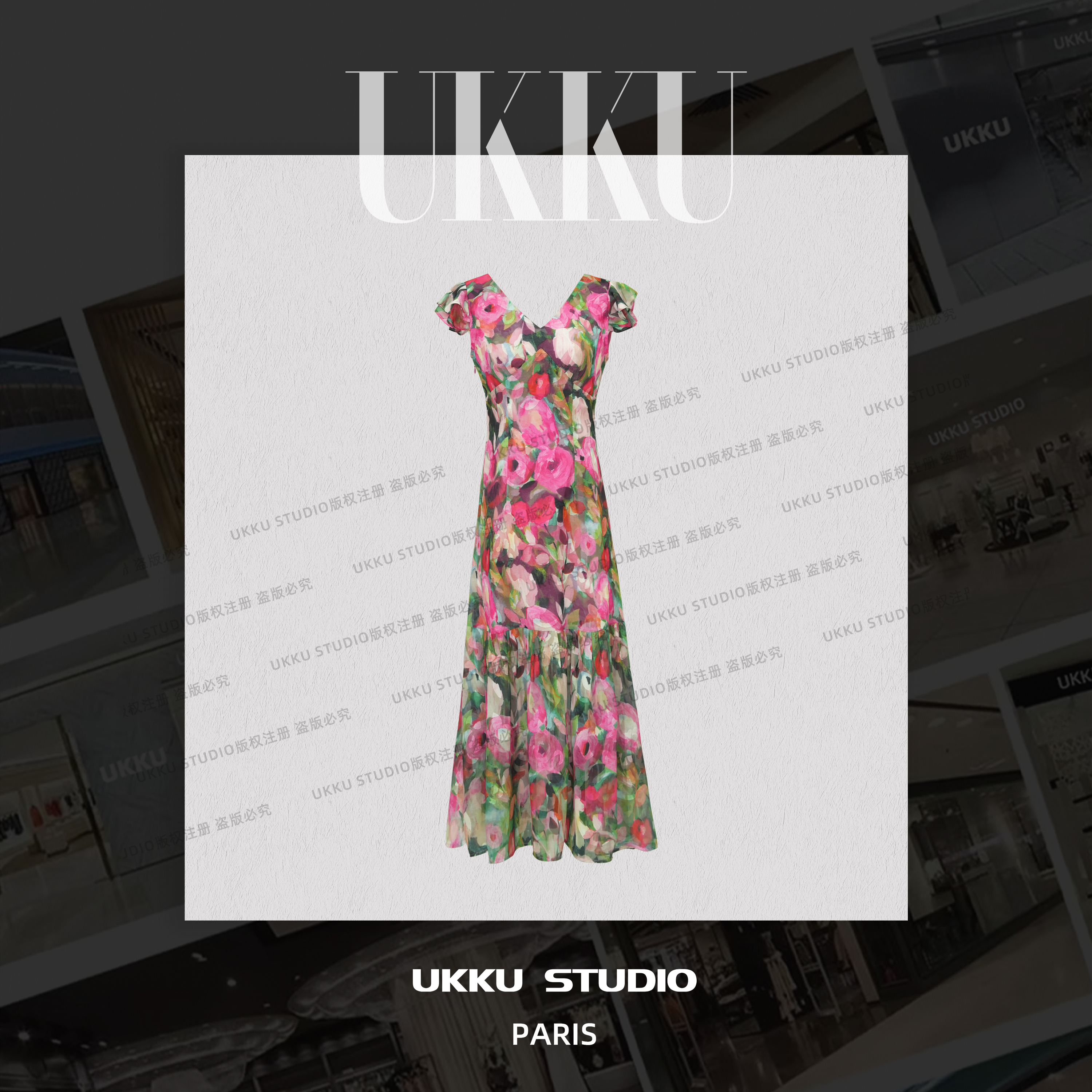 慧慧【UKKU STUDIO】【芳华】气质长款时尚遮肉显瘦碎花连衣裙914237