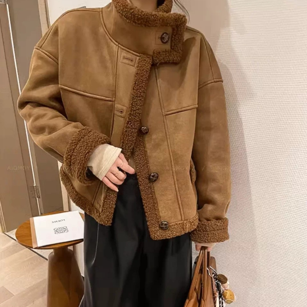 短款时尚加厚秋冬冬季皮毛一体休闲百搭上衣短外套