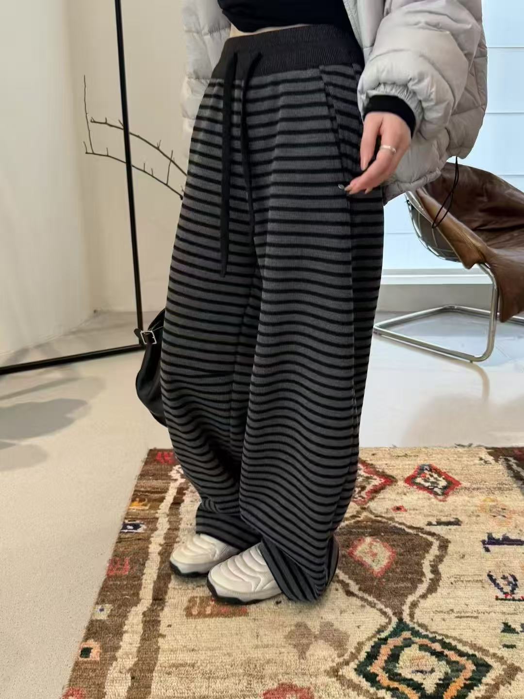 条纹冬季高腰厚款休闲裤秋季阔腿裤百搭20251124