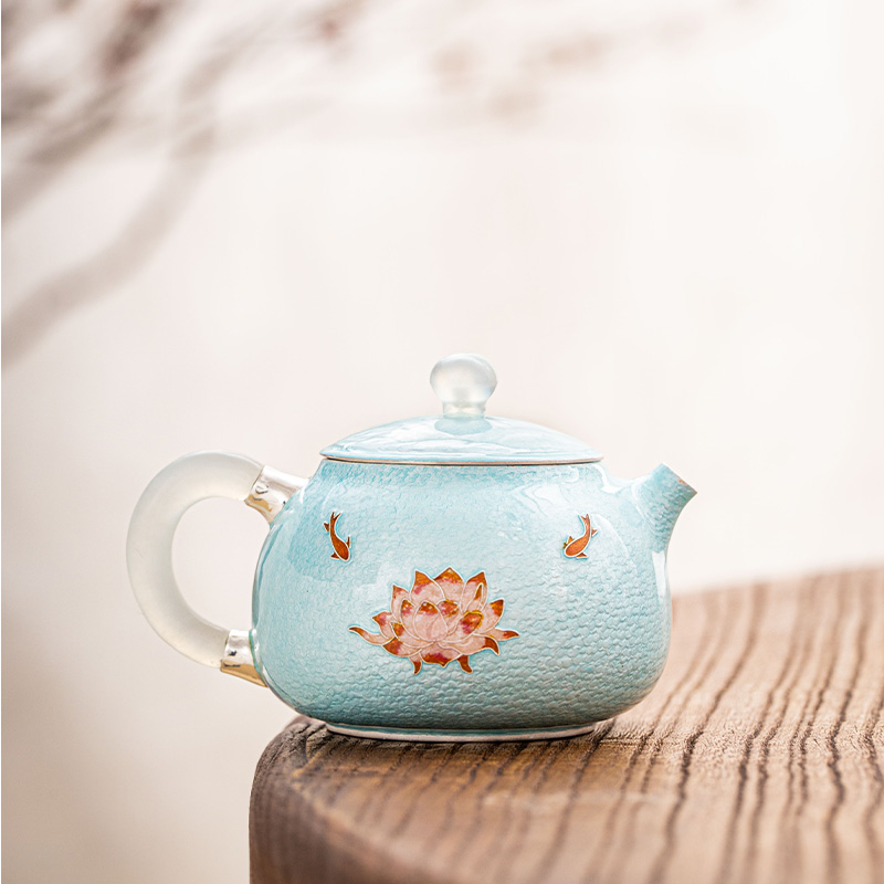 蜂鸟工坊 出口 七宝烧蓝色荷花鱼小小壶 FNN1742