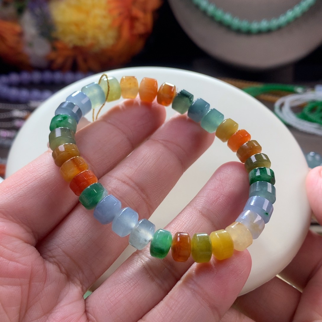 翡翠手链未镶嵌大漏 冰浓彩多宝桶珠