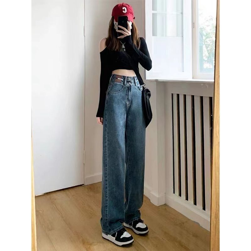 2025复古牛仔裤女春秋季宽松直筒显瘦拖地裤大码高腰阔腿长裤