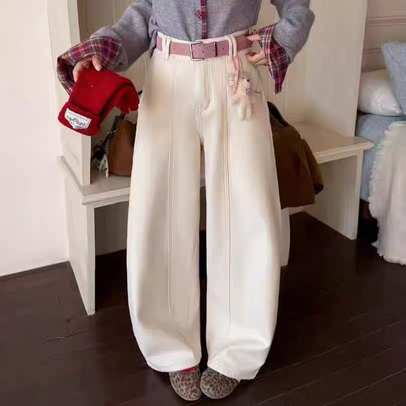 （裤长102）68702加绒高腰阔腿弯刀牛仔裤冬中线加厚宽松拖地裤