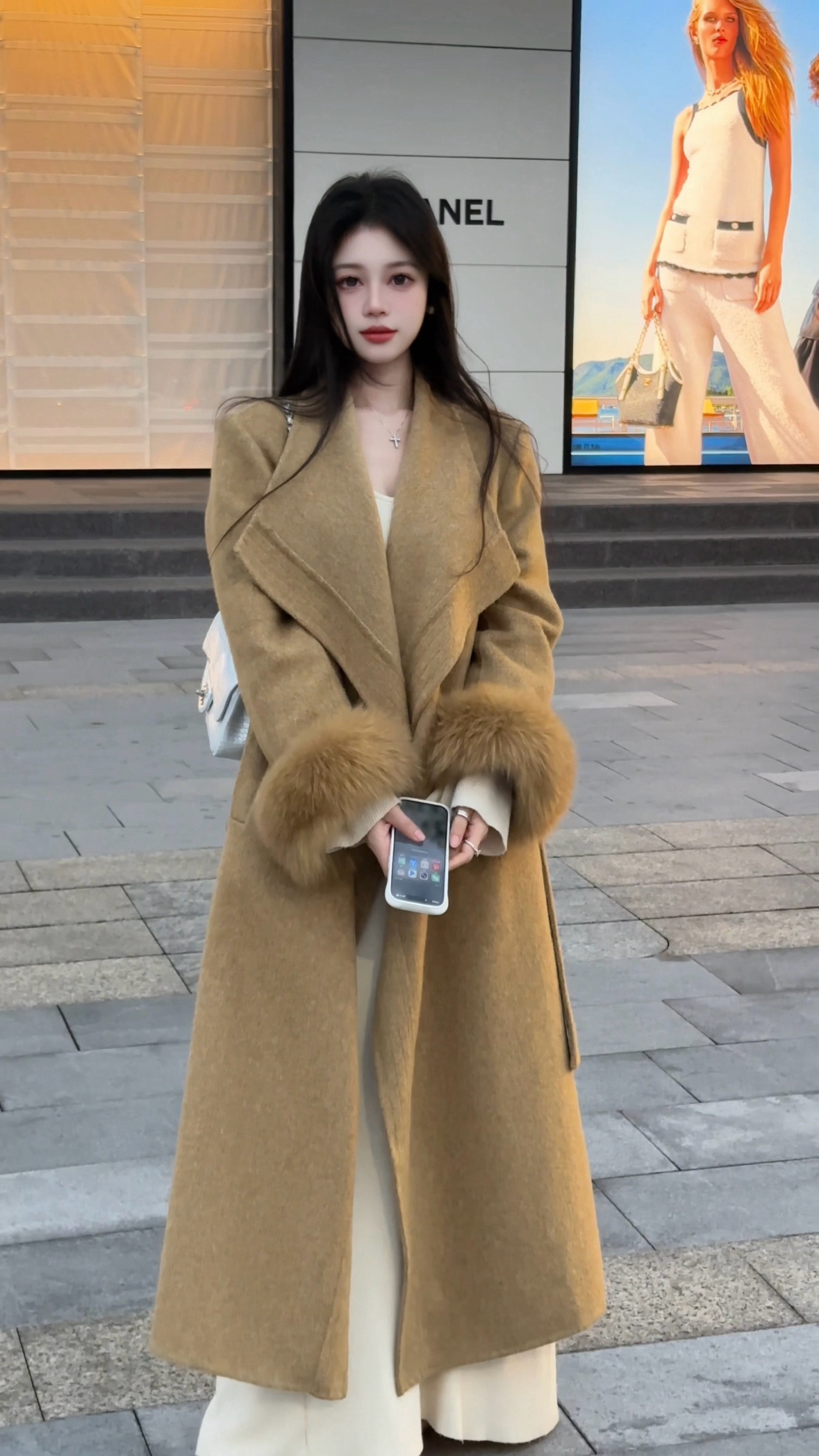 【陳柒柒订制】宽边领长款正肩袖宽松双面羊毛女装新款狐狸毛袖大衣