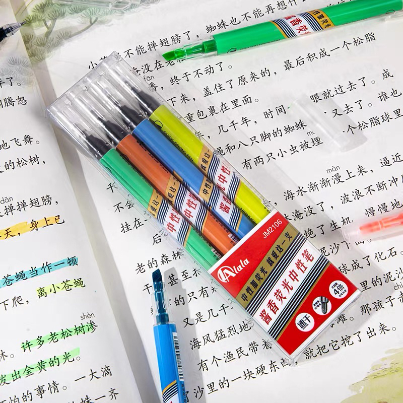 拉拉LALA彩色荧光笔中性笔一笔两用适合学生做笔记重点标记笔