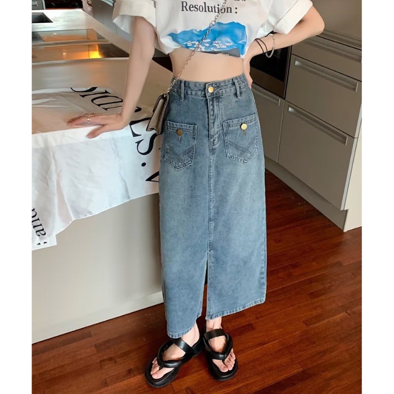 复古开叉牛仔半身裙女夏季新款高腰显瘦裙子a字包臀中长裙
