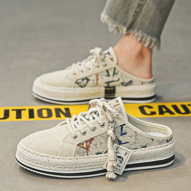 男鞋2025夏季爆款无后跟国潮个性图案半拖帆布鞋透气一脚蹬懒人鞋