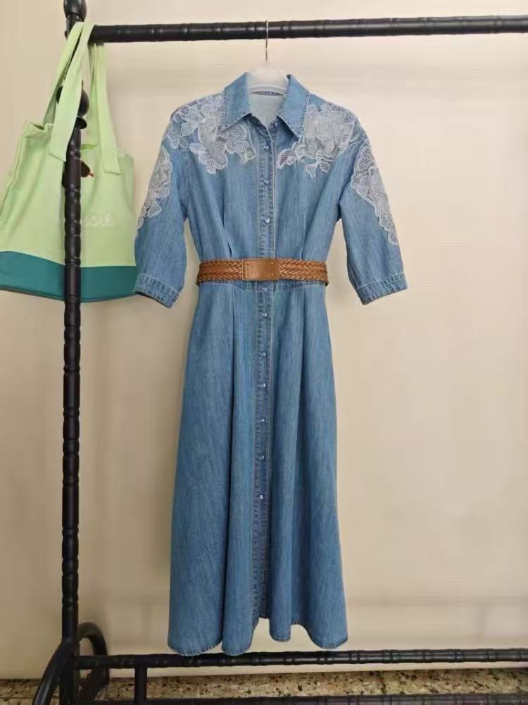 童瑶*同款 查小姐牛仔连衣裙女2015春 夏新款棉感蕾丝绣中长裙