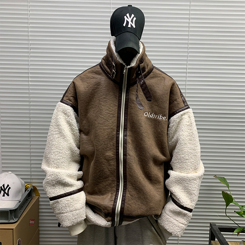 美式潮牌立领皮毛一体棉衣外套男款冬季新款休闲加厚高街棉袄棉服