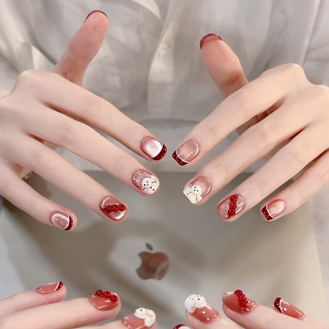 【冬日雪宝】暖冬雪人手工穿戴甲 定制美甲贴片10片半手工猫眼ins