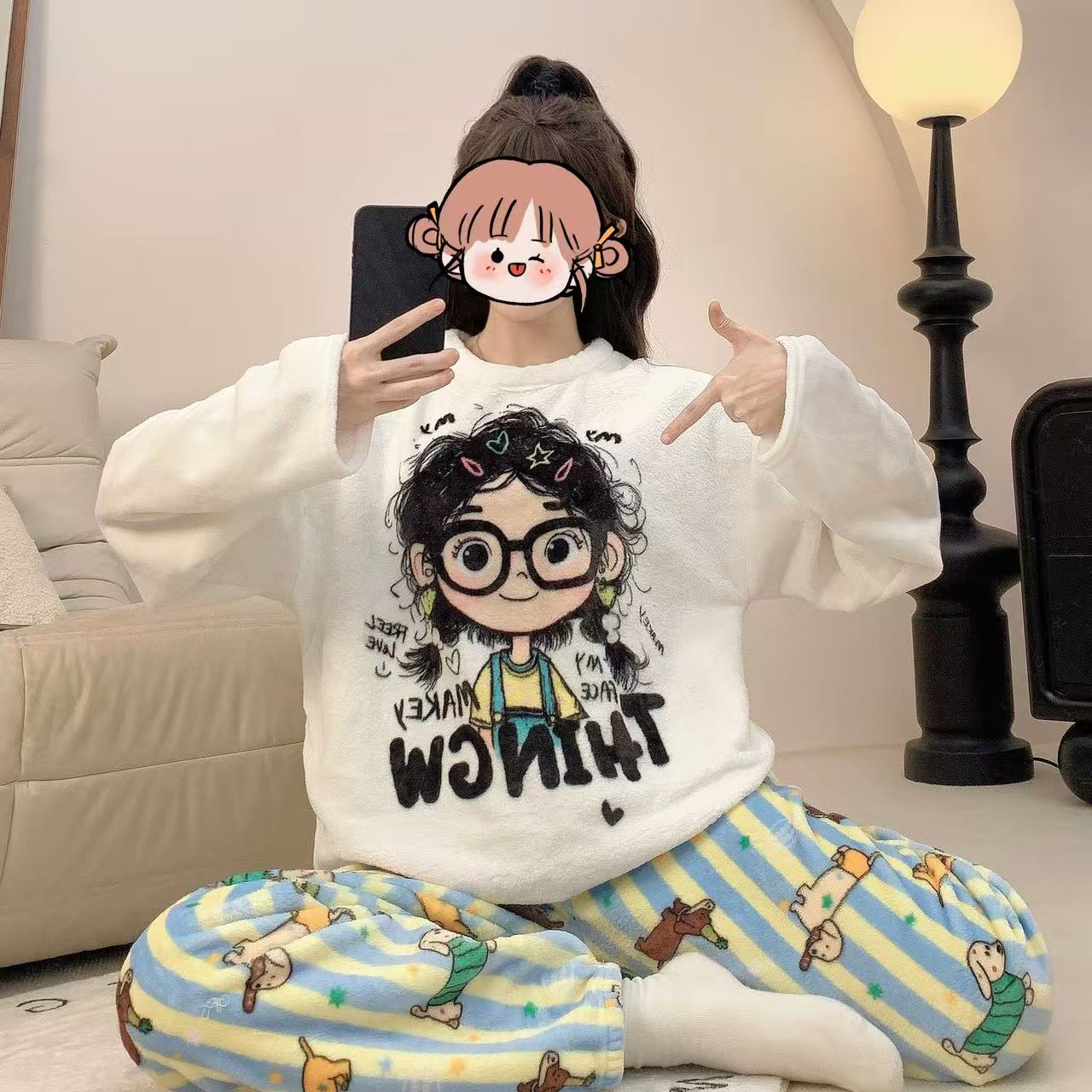 【大头娃娃】法兰绒秋冬加绒加厚睡衣女网红甜美卡通睡衣保暖家居服