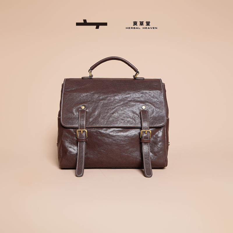 食草堂双肩包头层水晶植鞣牛皮大容量简约英伦学院风电脑包慢行者