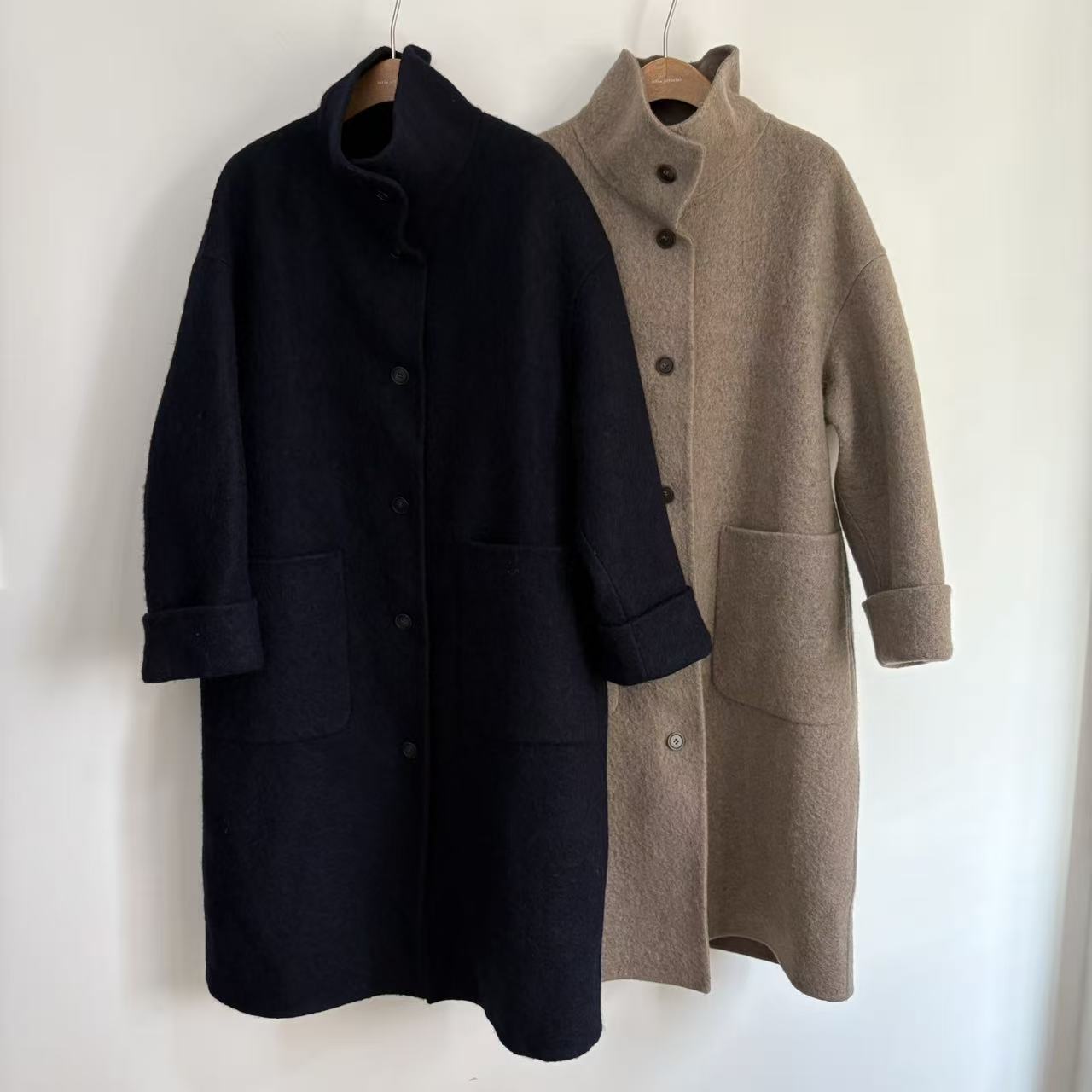 立领单排扣休闲韩系长款大衣12%苏立羊驼80%羊毛