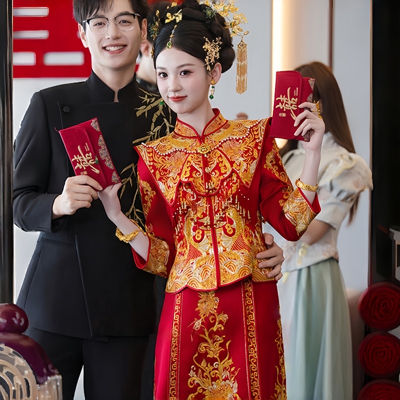 新娘结婚修身龙凤褂2025新款盘锦绣新中式婚服金色秀禾服出阁嫁衣