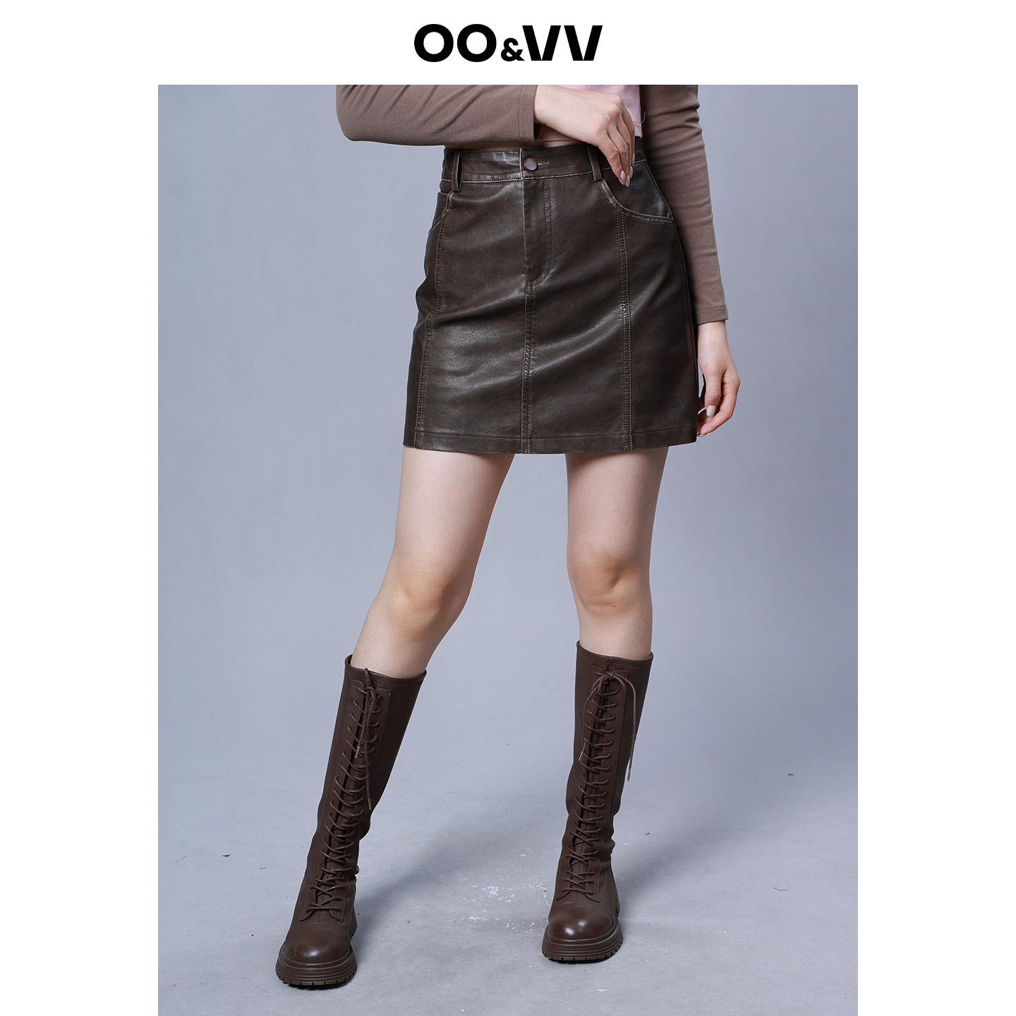OO&VV复古PU半身裙2025秋新款时尚百搭高腰显瘦A字中长款包臀裙女
