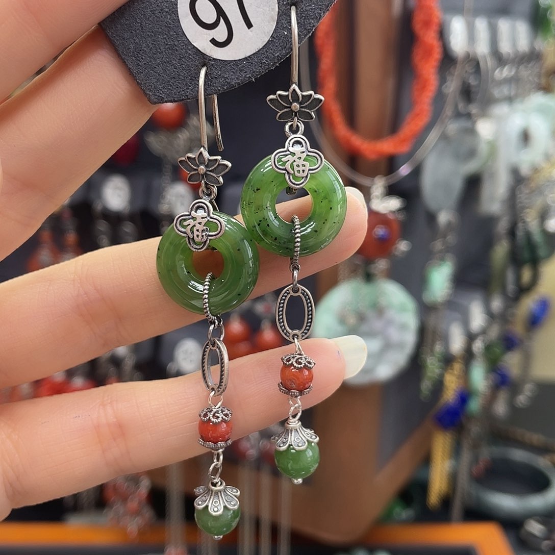 和田玉耳饰银S925镶嵌南*449gjkhhhk