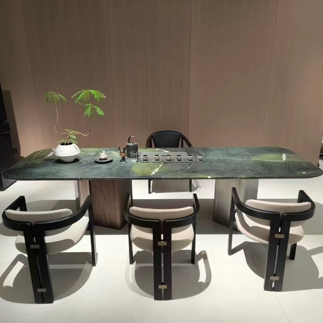 A10牛油果绿奢石茶台进口天然大理石茶桌岛台一体意式轻奢餐桌