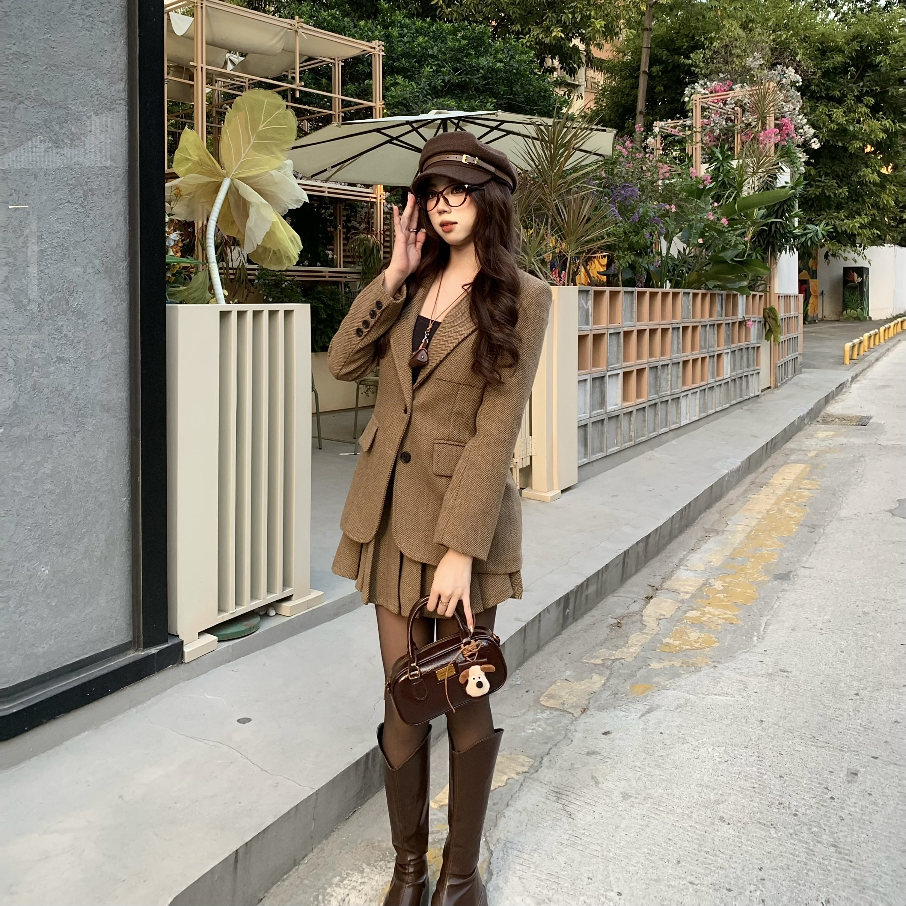 秋冬新款两件套气质毛呢外套女半身裙西装套装