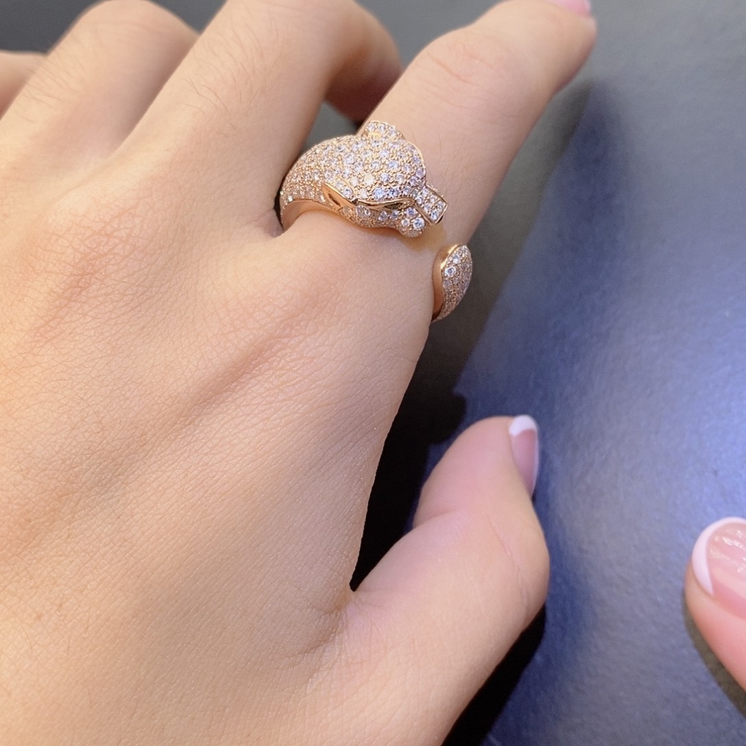 戒指/指环18K金镶嵌钻石大号满钻豹子k玫祖母绿珐琅