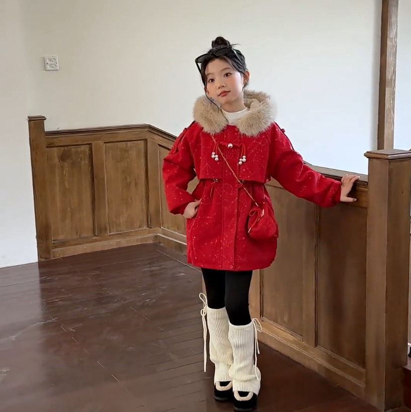 女童派克服2025新款冬装儿童洋气毛领皮衣中大童加绒加厚外套秋冬