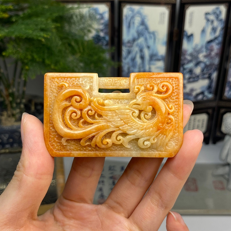 红翡复古凤凰玉横挂件 天然翡翠A货 