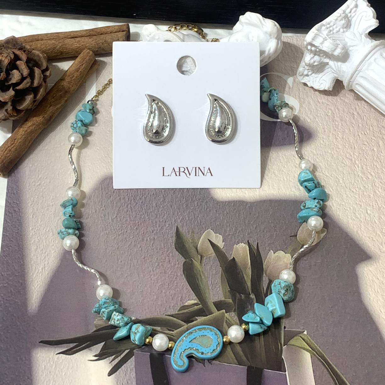 钛钢项链 钛钢项链 LARVINA复古蓝白腰果花两件套