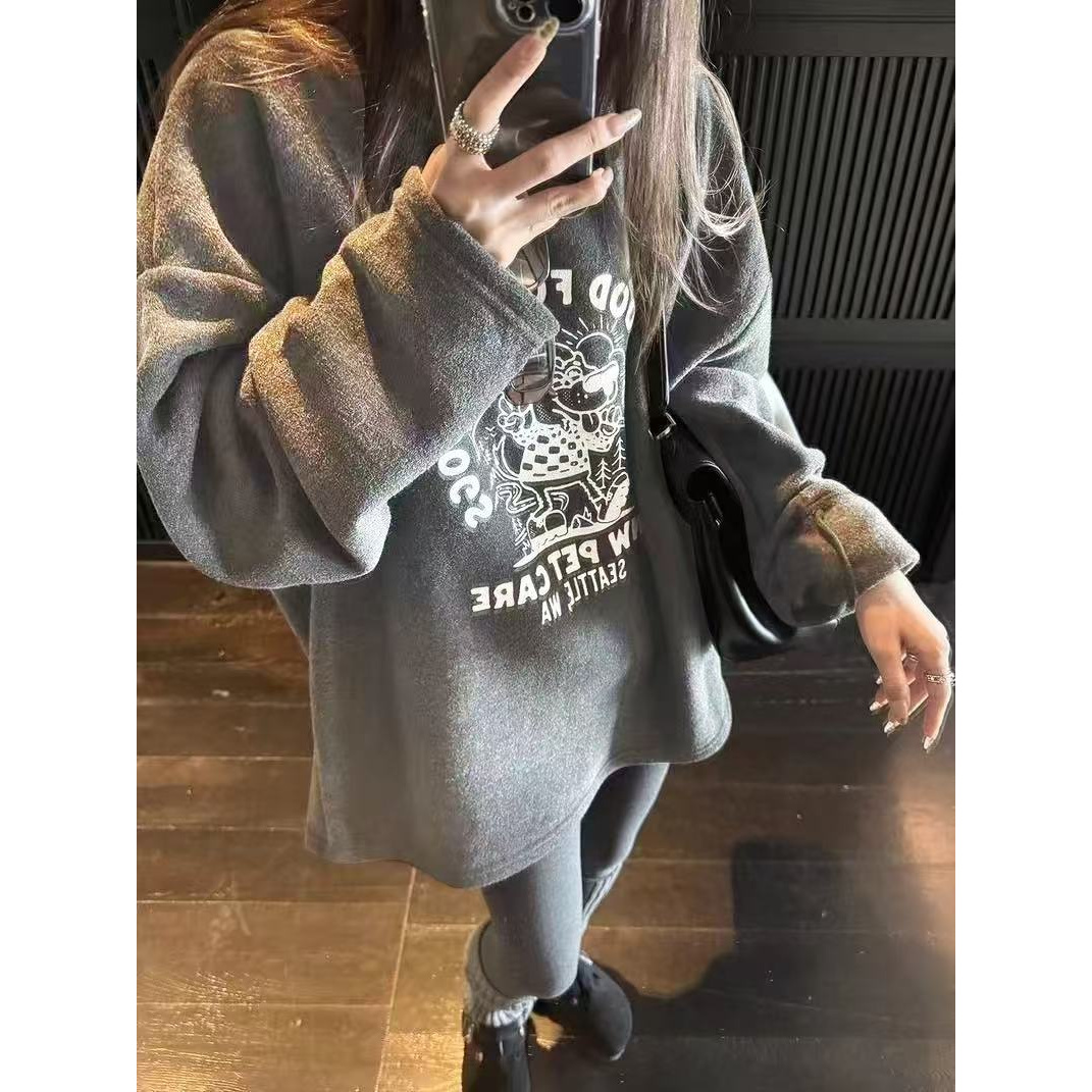 糯米绒·调皮小狗&毛圈印花 软糯加绒长袖打底衫25138