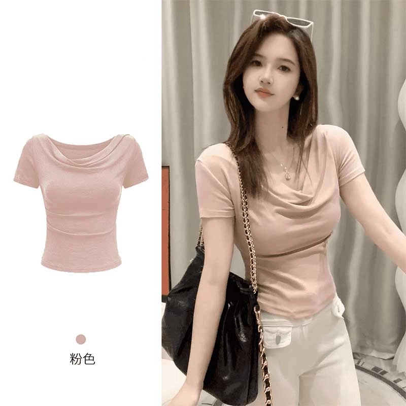 韩系时尚紧身收腰一字肩荡领T恤女夏季爆款纯欲高级感短袖上衣潮