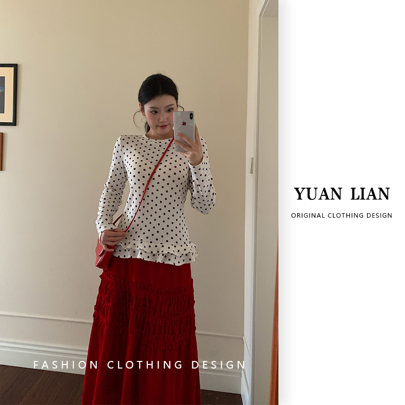 ZOZ糕冷圆脸[节日礼物T恤]韩系白色波点荷叶边长袖打底小衫上衣