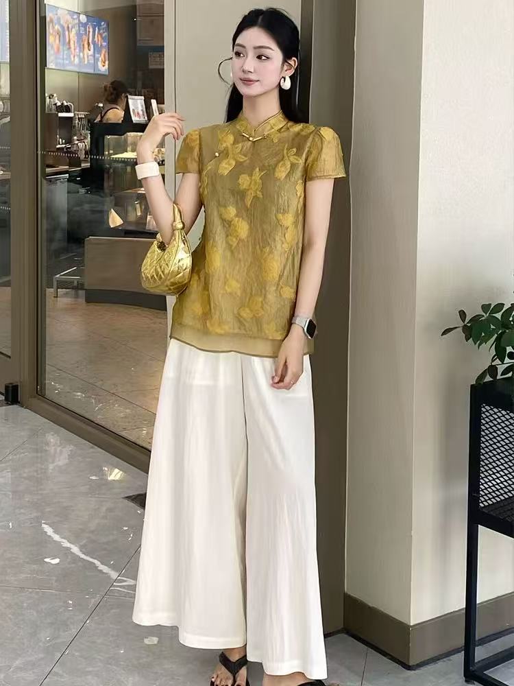 新中式大码新款女装春夏宽松国风刺绣T恤宽松阔腿裤通勤两件套