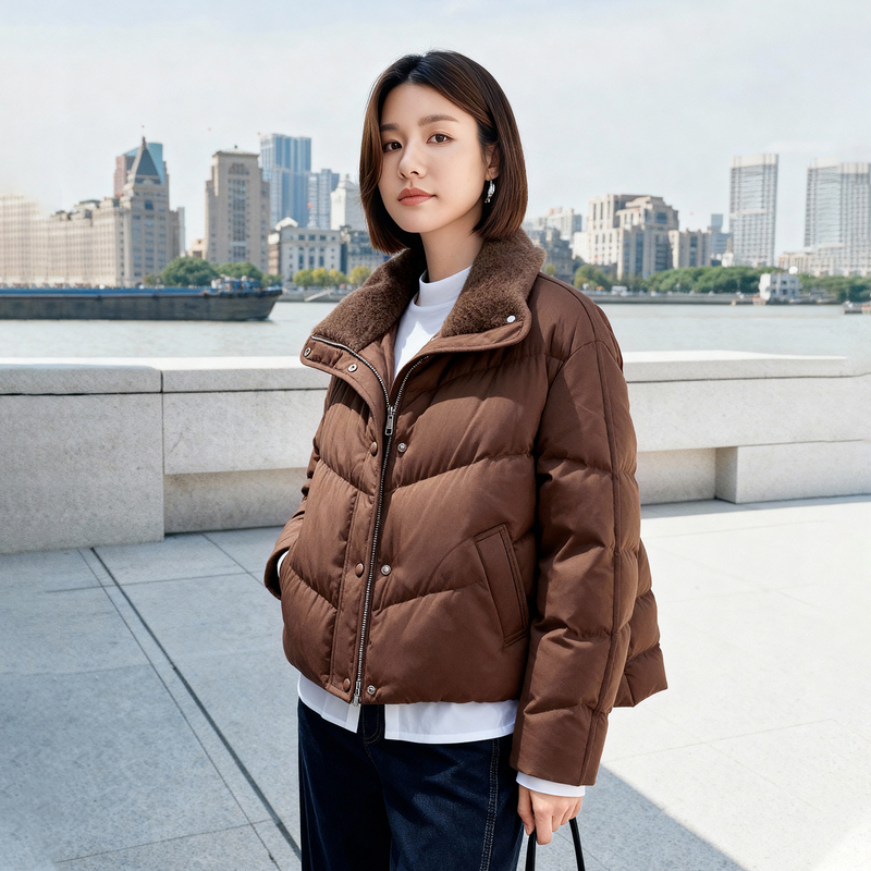 EP雅莹2025新款 轻暖鹅绒质感宽松短款高领羽绒服外套女Y121A