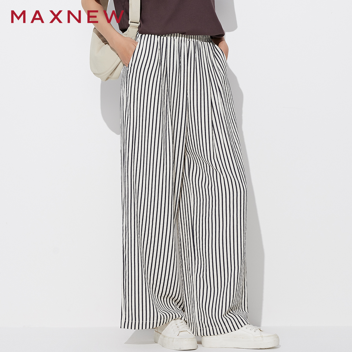 马恩女装2025夏季高腰泡泡纱条纹宽松阔腿裤松紧腰长裤1P2224504