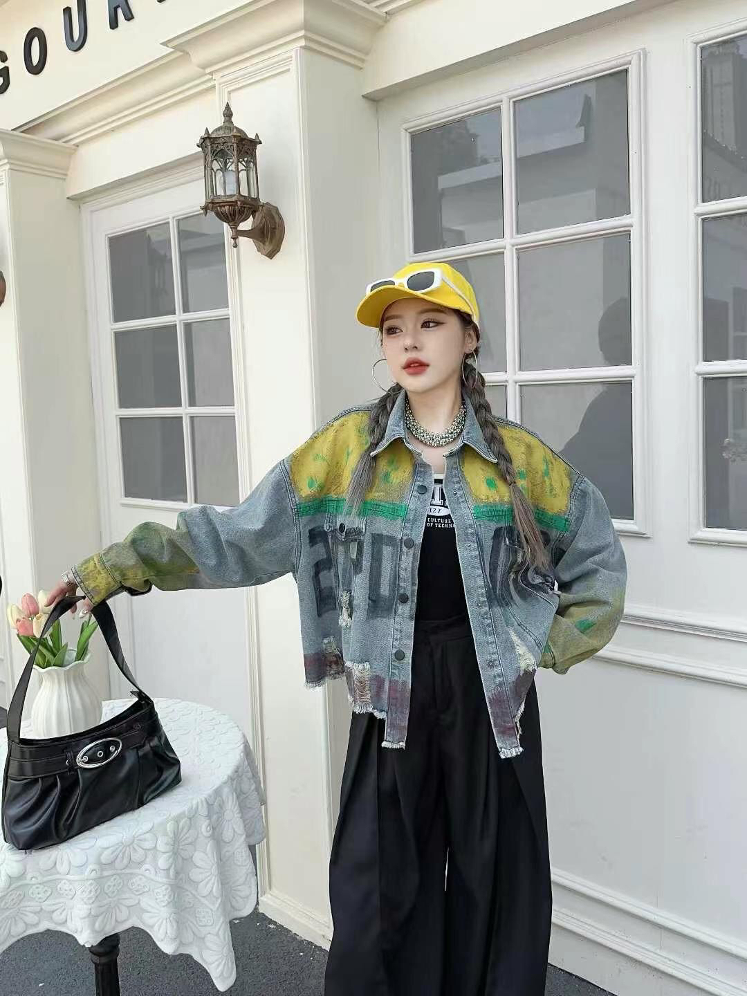 2025春季新款欧货美式磨破毛边休闲字母高街牛仔外套百搭时尚