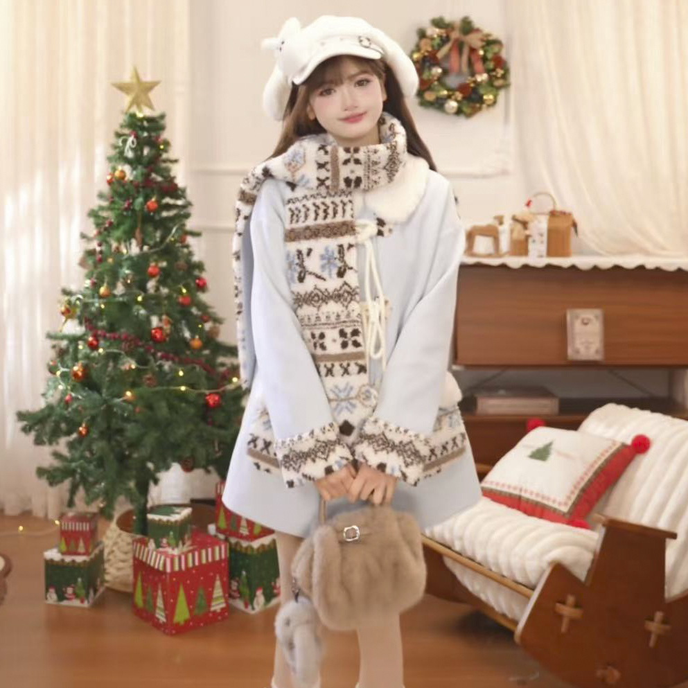 桔梗house 圣岛画报 费尔岛冬甜美软糯毛娃娃领厚呢大衣撞色围巾