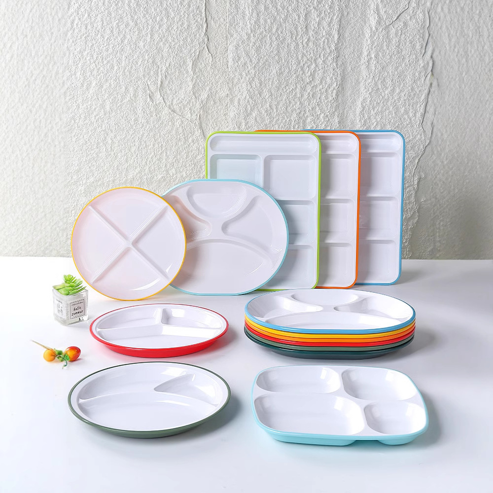 密胺双色仿瓷多格盘商用学校食堂餐盘快餐店专用分格盘加厚快餐盘